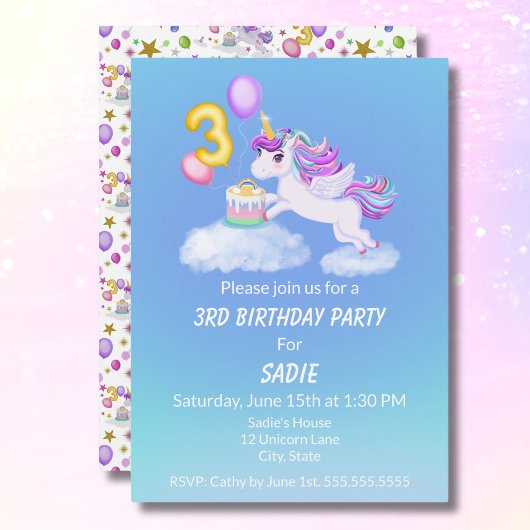 3e anniversaire Unicorne avec invitation de gâteau