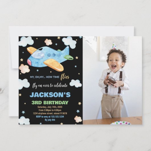 3E avion Invitations d'anniversaire Bleu Black Pho (Devant)