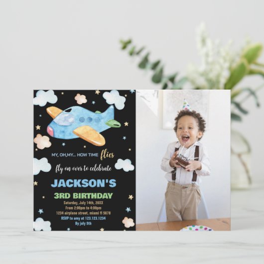 3E avion Invitations d'anniversaire Bleu Black Pho (Debout devant)
