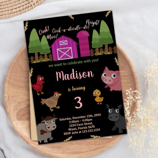 3e Black Red Farm Animaux Invitations d'anniversai
