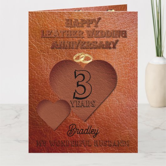 3e carte d'anniversaire Mariage en cuir pour mari (Devant)