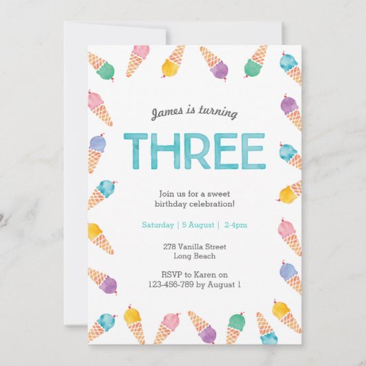3e fête d'anniversaire | Invitation à la crème gla (Devant)