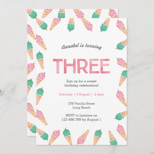 3e fête d'anniversaire | invitation à la crème gla (Devant / Derrière)