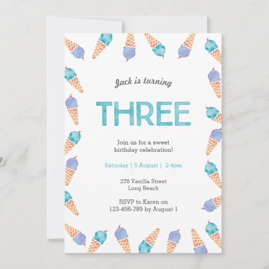 3e fête d'anniversaire | Invitation à la crème gla (Devant)