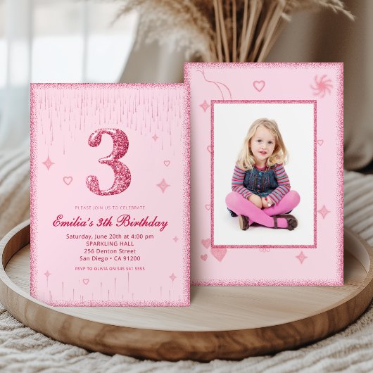 3e Invitation Anniversaire avec Paillettes Rose