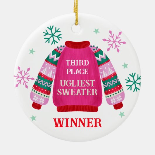 3e plaats Ugly Sweater Contest prijswinnaar Keramisch Ornament (Achterkant)