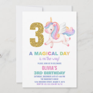 3e Rainbow Unicorn Verjaardag Uitnodigingen