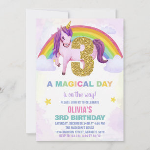 3e Rainbow Unicorn Verjaardag Uitnodigingen Cloud