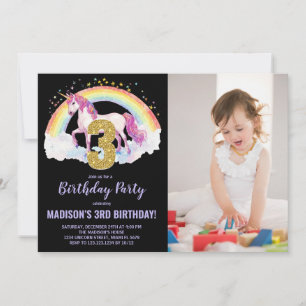 3e Rainbow Unicorn Verjaardag Uitnodigingen foto