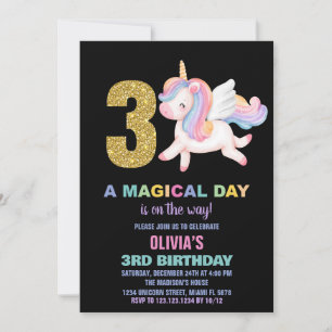 3e Rainbow Unicorn Verjaardag Uitnodigingen Zwart