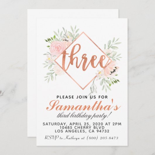 3e Roos Gold-uitnodiging Kaart (Voorkant / Achterkant)