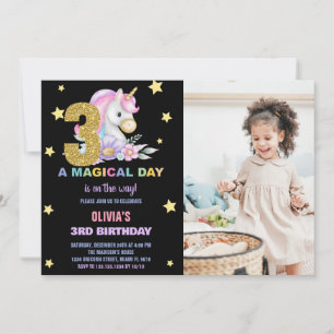 3e Unicorne florale Invitations d'anniversaire ave