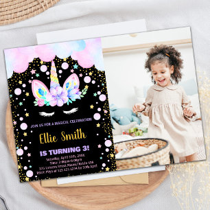 3e Unicorne violet Invitations d'anniversaire avec