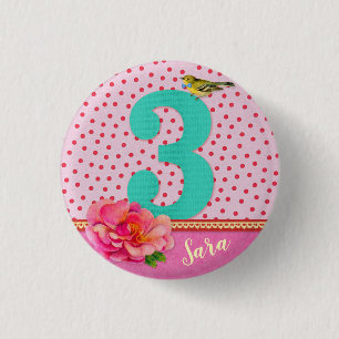 3e verjaardag  bloem ronde button 3,2 cm