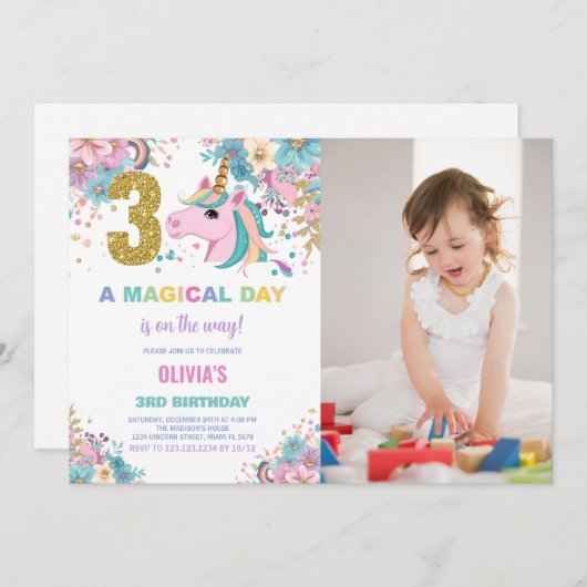 3e Verjaardag Eenhoorn Verjaardag Uitnodigingen w (Voorkant / Achterkant)
