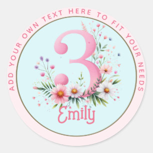 3e verjaardag fee roze bloemen sprookjesprinses ronde sticker