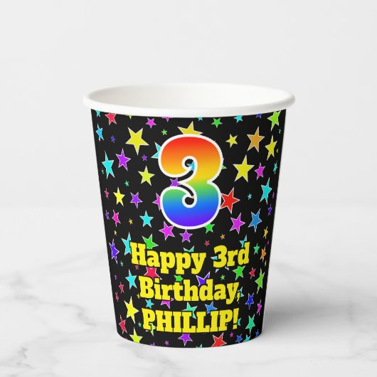 3e verjaardag: Fun Stars Pattern en Rainbow 3 Papieren Bekers (Achterkant)