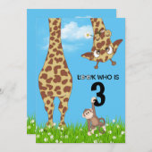 3e verjaardag Giraffe en aap in gras Kaart (Voorkant / Achterkant)