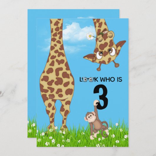 3e verjaardag Giraffe en aap in gras Kaart (Voorkant / Achterkant)