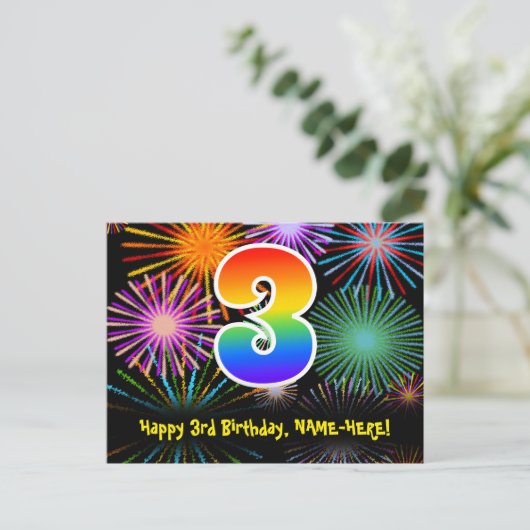3e verjaardag - Leuk vuurwerkpatroon + Regenboog 3 Briefkaart (Staand voorkant)