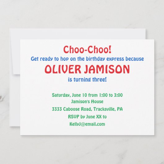 3e verjaardag Party Uitnodiging Trein Personaliser (Achterkant)