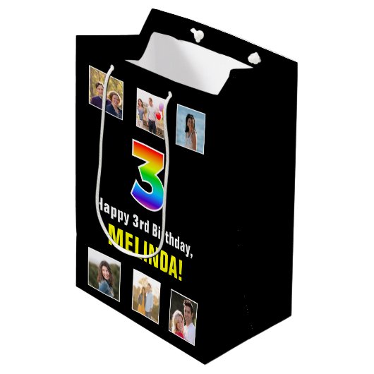 3e verjaardag: Regenboog "3", aangepaste foto's & Medium Cadeauzakje (Voorkant Gekanteld)