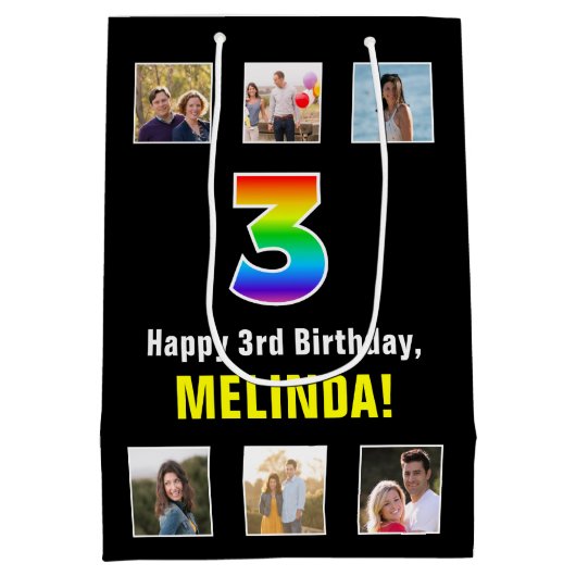 3e verjaardag: Regenboog "3", aangepaste foto's & Medium Cadeauzakje (Achterkant)