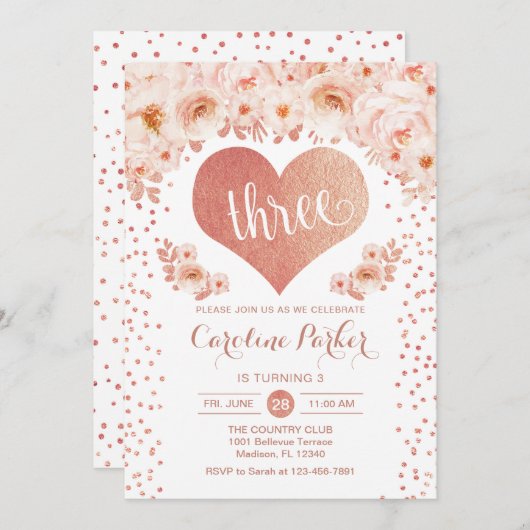 3e Verjaardag - Roos Goud Hart Wit Roze Bloemen Kaart (Voorkant / Achterkant)