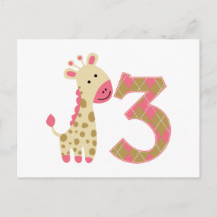 3e verjaardag Roze Giraffe Briefkaart