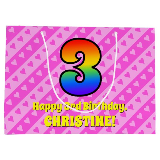 3e verjaardag: Roze strips & harten, regenboognr. Groot Cadeauzakje (Achterkant)