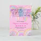 3e Verjaardag Uitnodiging Meisje Bewerkbare Rainbo (Staand voorkant)