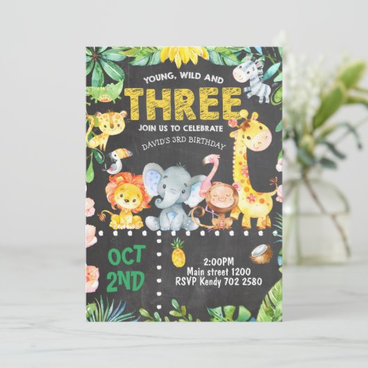 3e Verjaardag Uitnodiging Safari Animals Oerwoud Z (Staand voorkant)