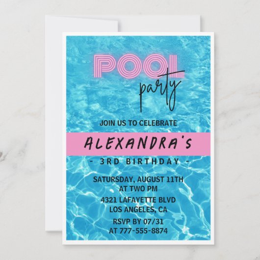 3e verjaardag uitnodiging voor haar Pool Party Sum (Voorkant)