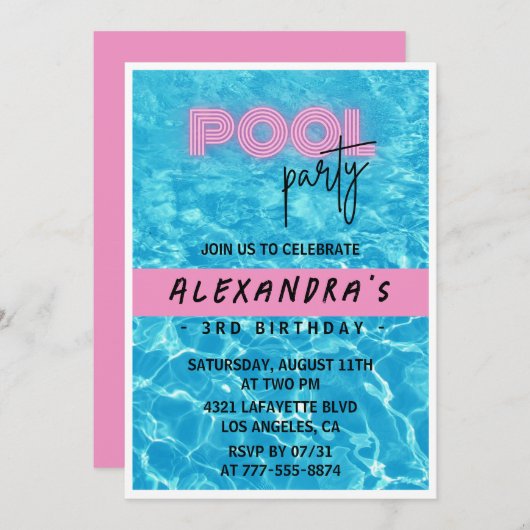 3e verjaardag uitnodiging voor haar Pool Party Sum (Voorkant / Achterkant)