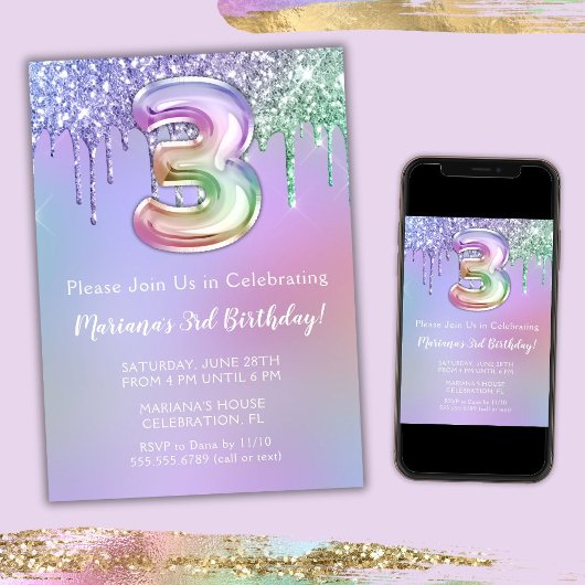 3e verjaardagsfeest uitnodiging paars roze glitter