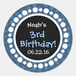 3e verjaardagsfeestje Blauwe bloemen en Polka stip Ronde Sticker