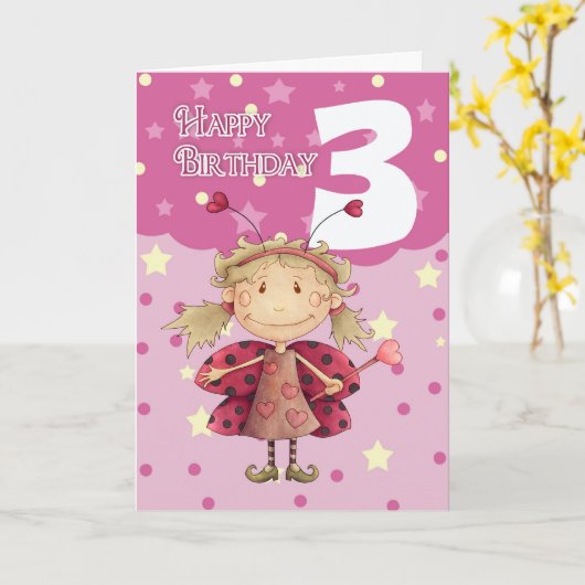 3e verjaardagskaart met schattige lieveheersbeestj kaart (Gele Bloem)