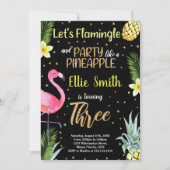 3e zwarte glitter flamingo ananas uitnodigingen (Voorkant)