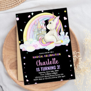 3ème Floral Black Unicorn Invitations Anniversaire