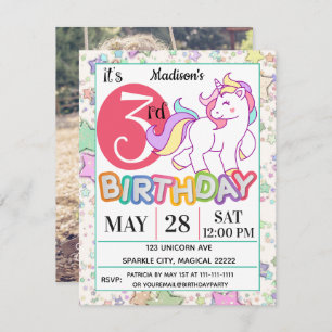 3ème invitation de fête d'anniversaire de licorne