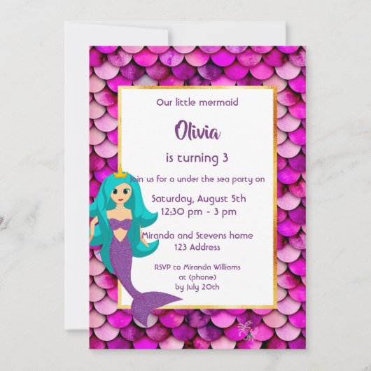 3ème Mermaid Invitation fête d'anniversaire rose v (Devant)