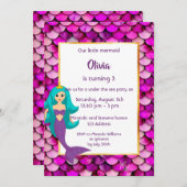 3ème Mermaid Invitation fête d'anniversaire rose v (Devant / Derrière)