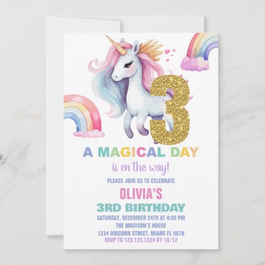 3ème Rainbow Unicorn Birthday Invitations Parties (Devant)