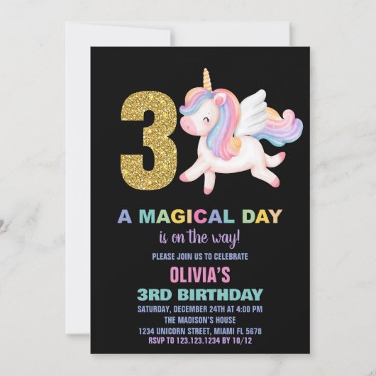 3ème Rainbow Unicorn Invitations Anniversaire Noir (Devant)