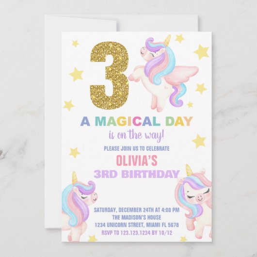 3ème Rainbow Unicorn Invitations Anniversaire Vol (Devant)