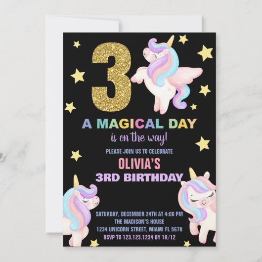3ème Rainbow Unicorn Invitations Anniversaire Vol (Devant)