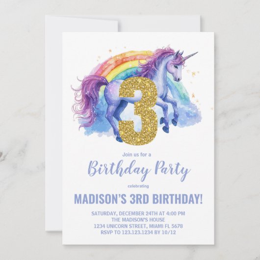 3ème Rainbow Unicorn Invitations d'anniversaire (Devant)