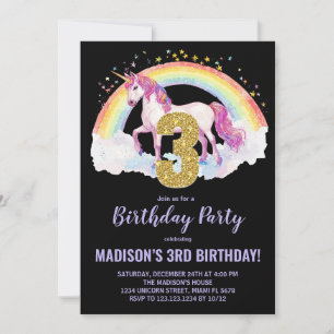 3ème Rainbow Unicorn Invitations d'anniversaire