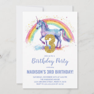 3ème Rainbow Unicorn Invitations d'anniversaire