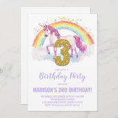 3ème Rainbow Unicorn Invitations d'anniversaire (Devant / Derrière)